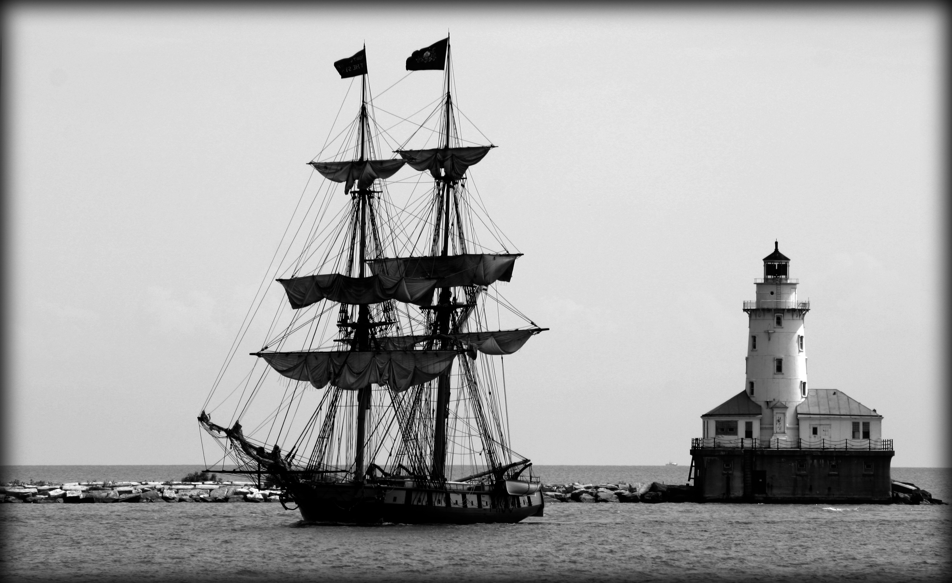 Chicago Lighthouse with tall sailing ship